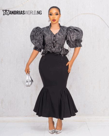 BLACK DAMASK TOP WITH FISHTAIL SKIRT SET